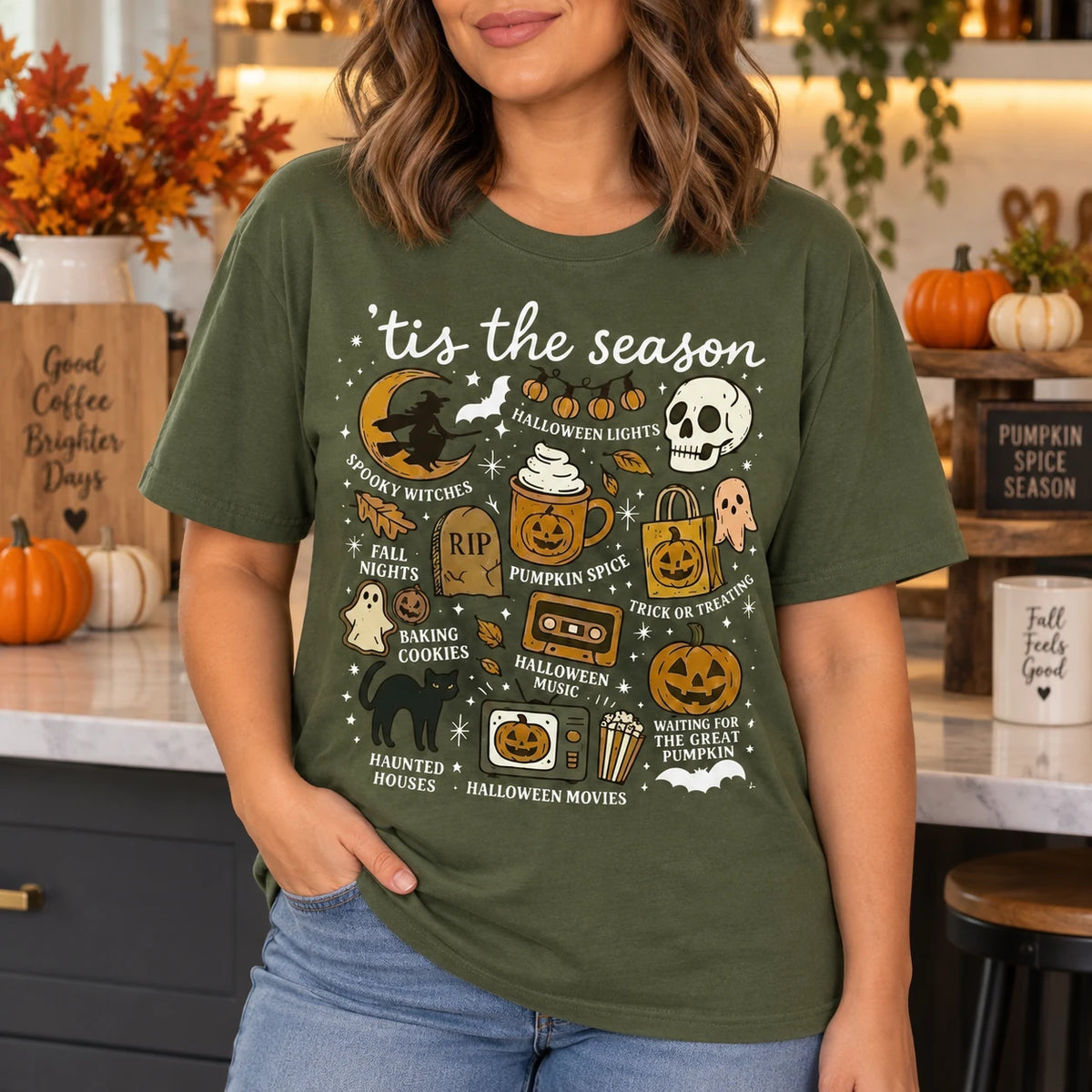 Tis The Season Halloween Graphic T-Shirt Cute Retro Spooky Season Fall Activities Short Sleeve Tee