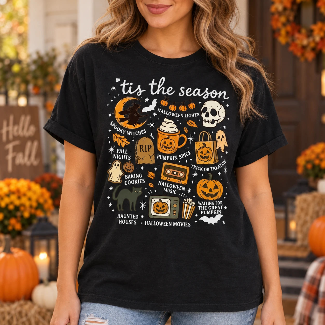 Tis The Season Halloween Graphic T-Shirt Cute Retro Spooky Season Fall Activities Short Sleeve Tee