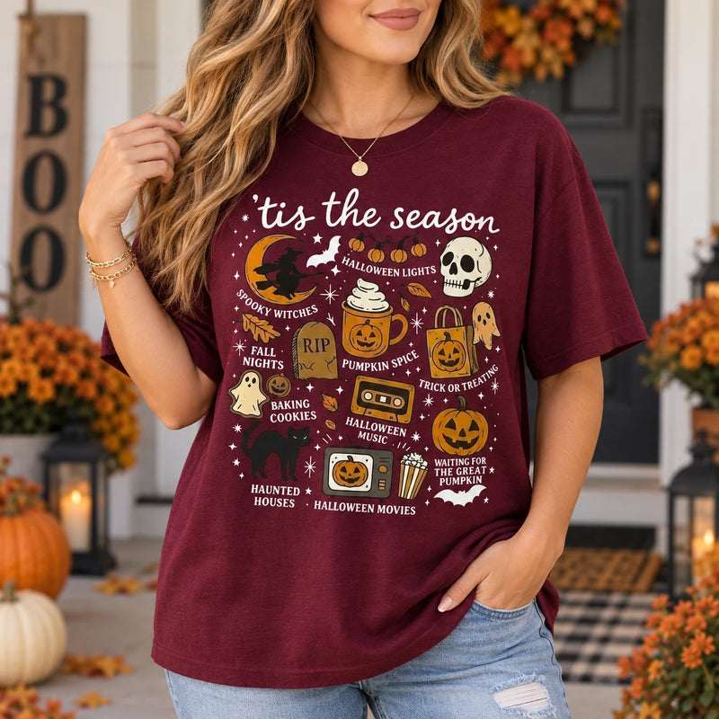 Tis The Season Halloween Graphic T-Shirt Cute Retro Spooky Season Fall Activities Short Sleeve Tee