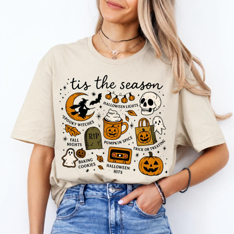 Tis The Season Halloween Spooky Season Sweatshirt and T-Shirt Fall Autumn Cozy Women Retro Cute Doodle