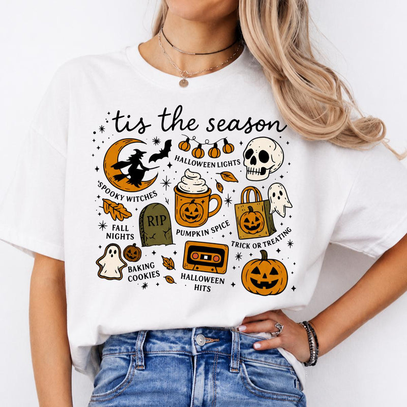 Tis The Season Halloween Spooky Season Sweatshirt and T-Shirt Fall Autumn Cozy Women Retro Cute Doodle