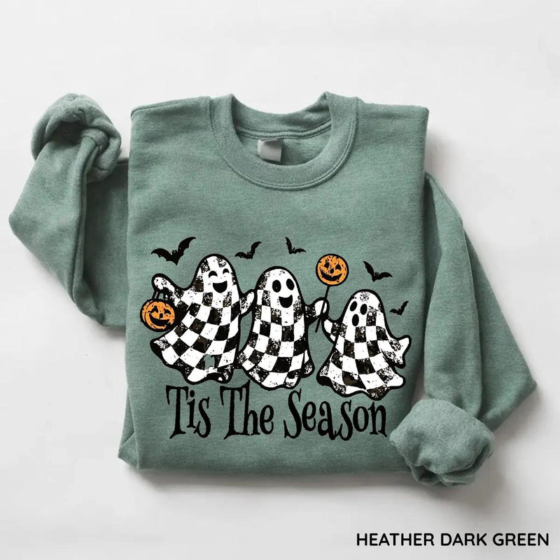 Tis The Season Halloween Sweatshirt Checkered Ghost Tis The Season Fall Spooky Season Women Retro