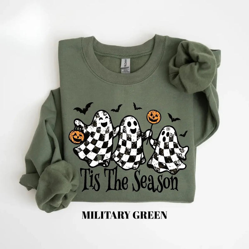 Tis The Season Halloween Sweatshirt Checkered Ghost Tis The Season Fall Spooky Season Women Retro