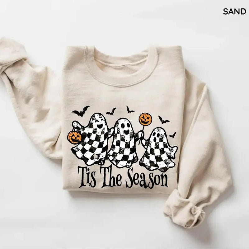 Tis The Season Halloween Sweatshirt Checkered Ghost Tis The Season Fall Spooky Season Women Retro