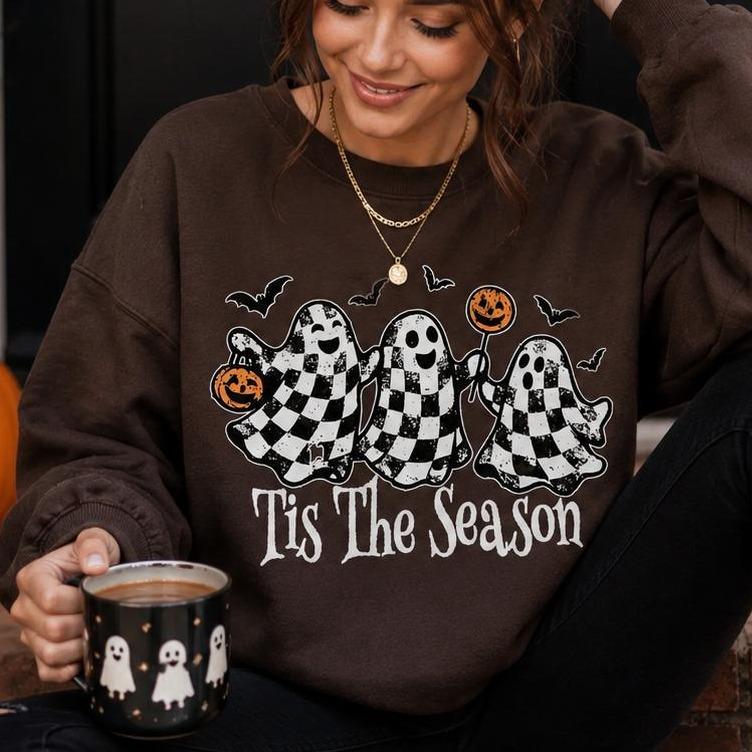 Tis The Season Halloween Sweatshirt Checkered Ghost Tis The Season Fall Spooky Season Women Retro