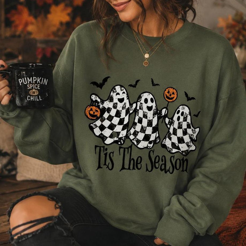 Tis The Season Halloween Sweatshirt Checkered Ghost Tis The Season Fall Spooky Season Women Retro