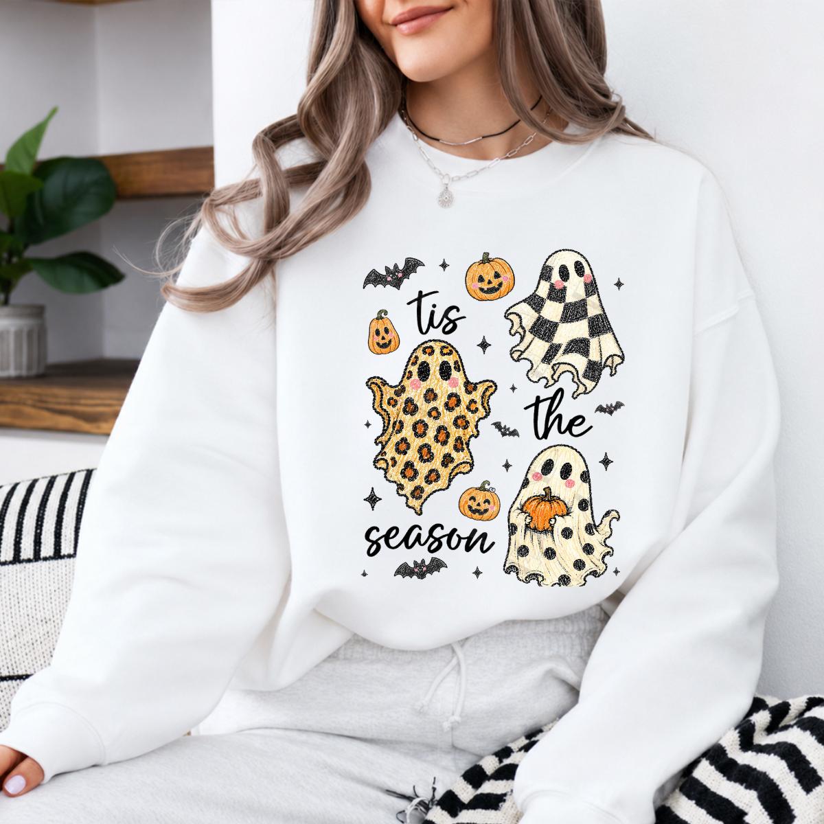 Tis The Season Halloween Sweatshirt, Cute Retro Patterned Ghost, Trendy Fall Spooky Season Gift