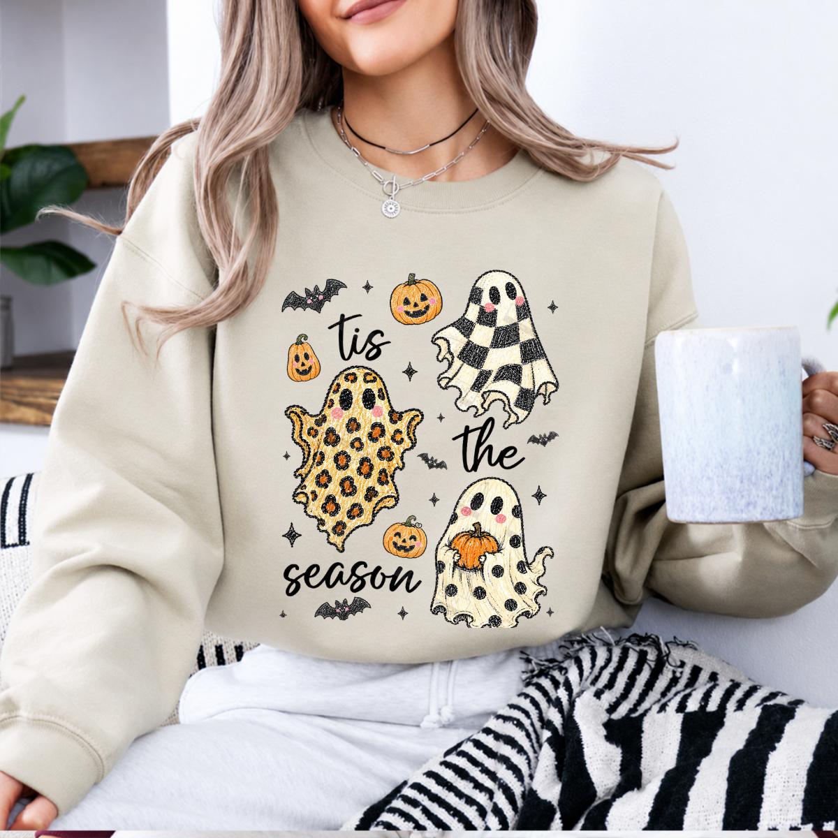 Tis The Season Halloween Sweatshirt, Cute Retro Patterned Ghost, Trendy Fall Spooky Season Gift