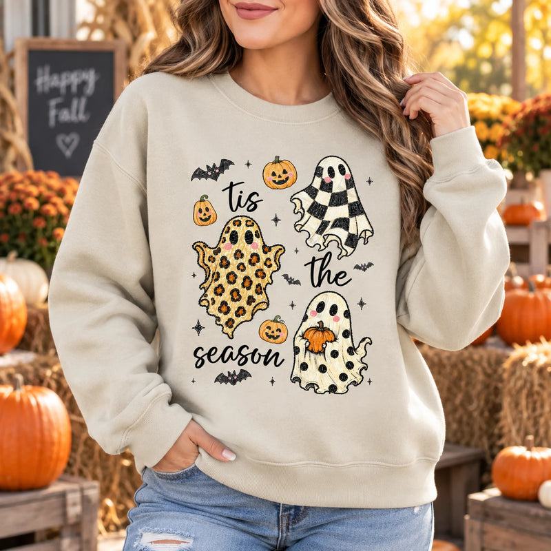 Tis The Season Halloween Sweatshirt, Cute Retro Patterned Ghost, Trendy Fall Spooky Season Gift