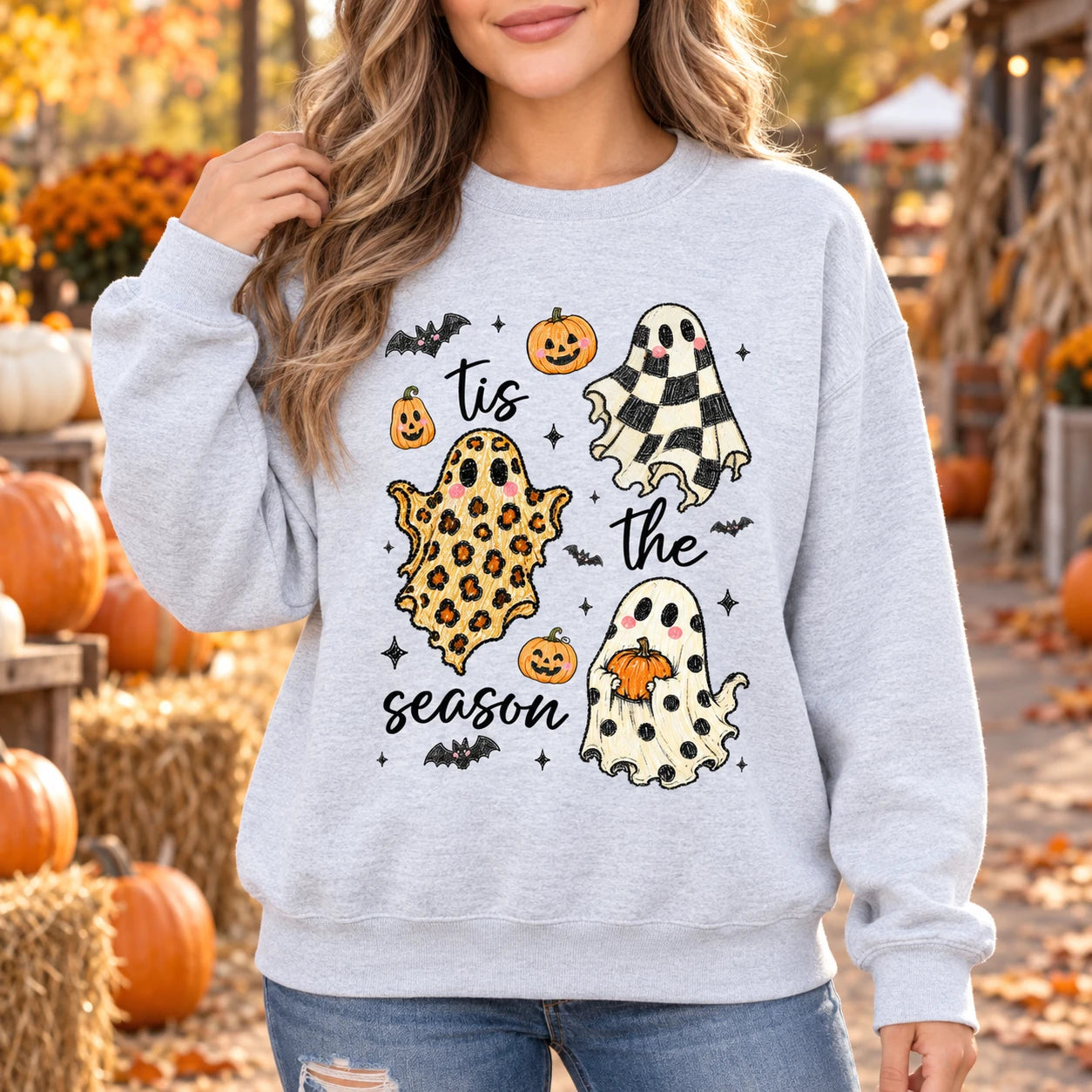 Tis The Season Halloween Sweatshirt, Cute Retro Patterned Ghost, Trendy Fall Spooky Season Gift