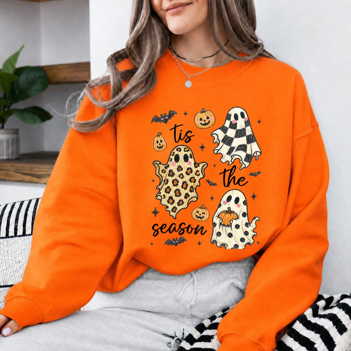 Tis The Season Halloween Sweatshirt, Cute Retro Patterned Ghost, Trendy Fall Spooky Season Gift