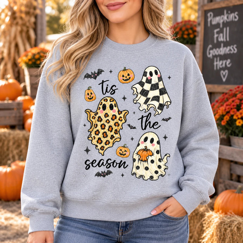 Tis The Season Halloween Sweatshirt, Cute Retro Patterned Ghost, Trendy Fall Spooky Season Gift