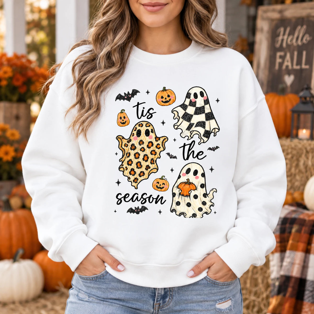 Tis The Season Halloween Sweatshirt, Cute Retro Patterned Ghost, Trendy Fall Spooky Season Gift