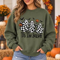 Tis The Season Halloween Sweatshirt Retro Checkered Ghost Fall Spooky Season Graphic Pullover for Women