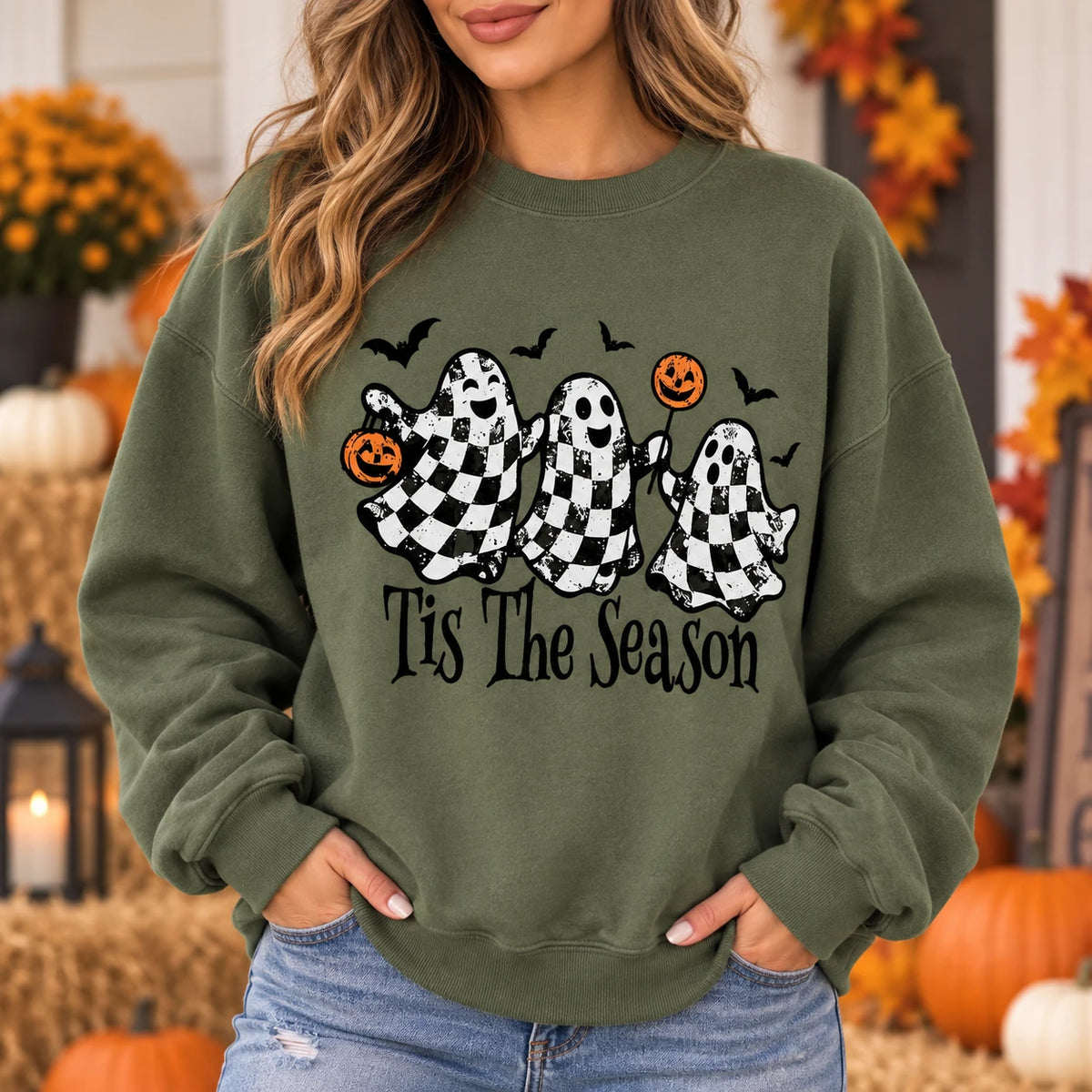 Tis The Season Halloween Sweatshirt Retro Checkered Ghost Fall Spooky Season Graphic Pullover for Women