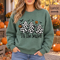 Tis The Season Halloween Sweatshirt Retro Checkered Ghost Fall Spooky Season Graphic Pullover for Women