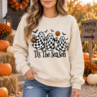 Tis The Season Halloween Sweatshirt Retro Checkered Ghost Fall Spooky Season Graphic Pullover for Women
