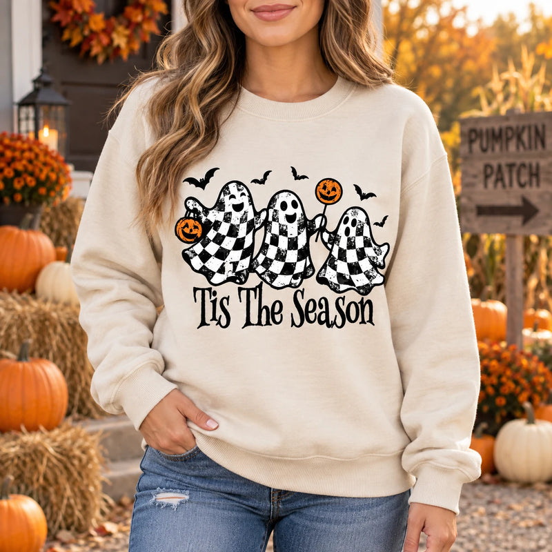 Tis The Season Halloween Sweatshirt Retro Checkered Ghost Fall Spooky Season Graphic Pullover for Women