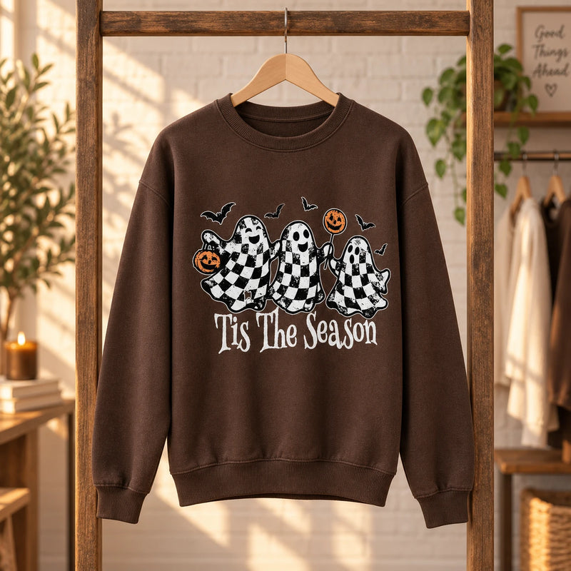 Tis The Season Halloween Sweatshirt Retro Checkered Ghost Fall Spooky Season Graphic Pullover for Women