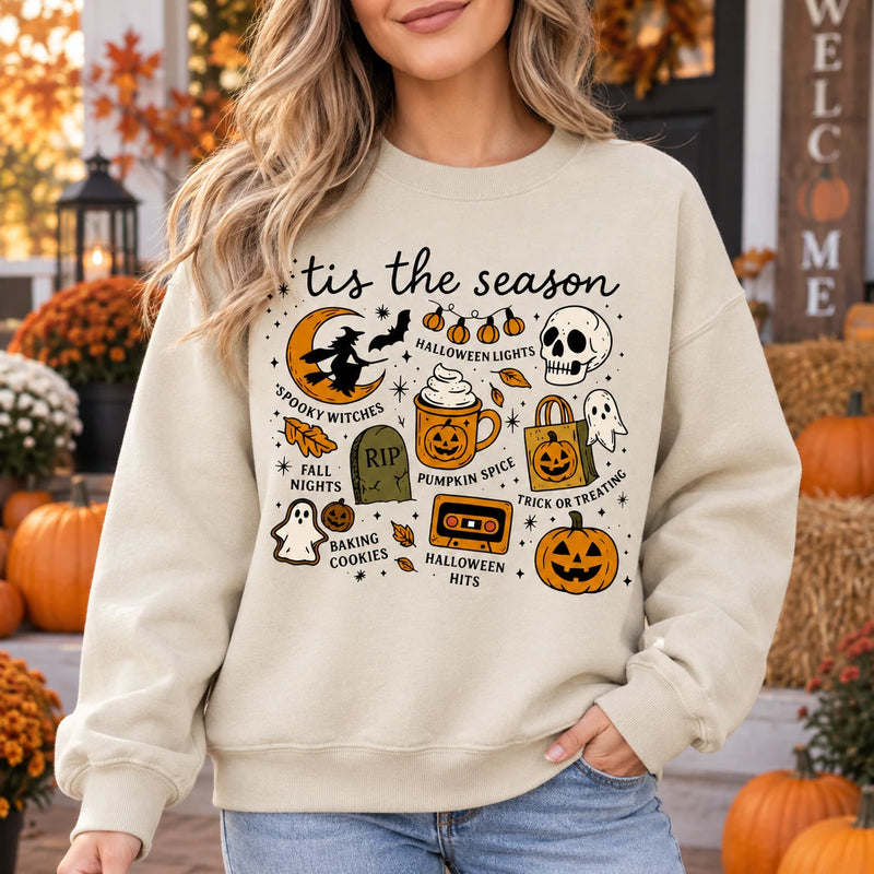Tis The Season Halloween Sweatshirt & T-Shirt Women Retro Spooky Fall Doodle Graphic Casual Outfit