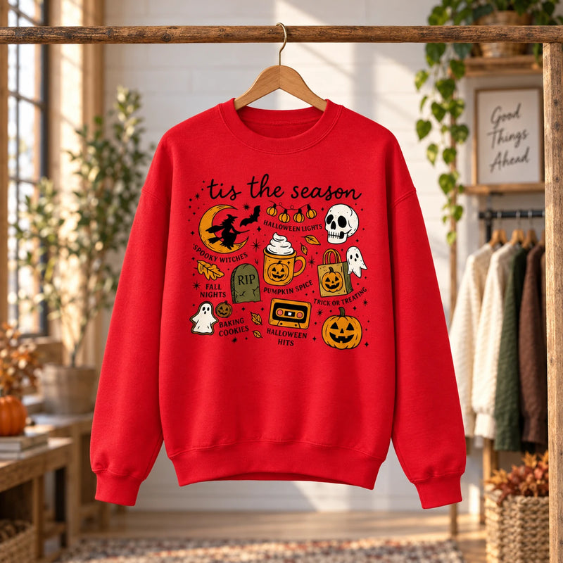 Tis The Season Halloween Sweatshirt & T-Shirt Women Retro Spooky Fall Doodle Graphic Casual Outfit