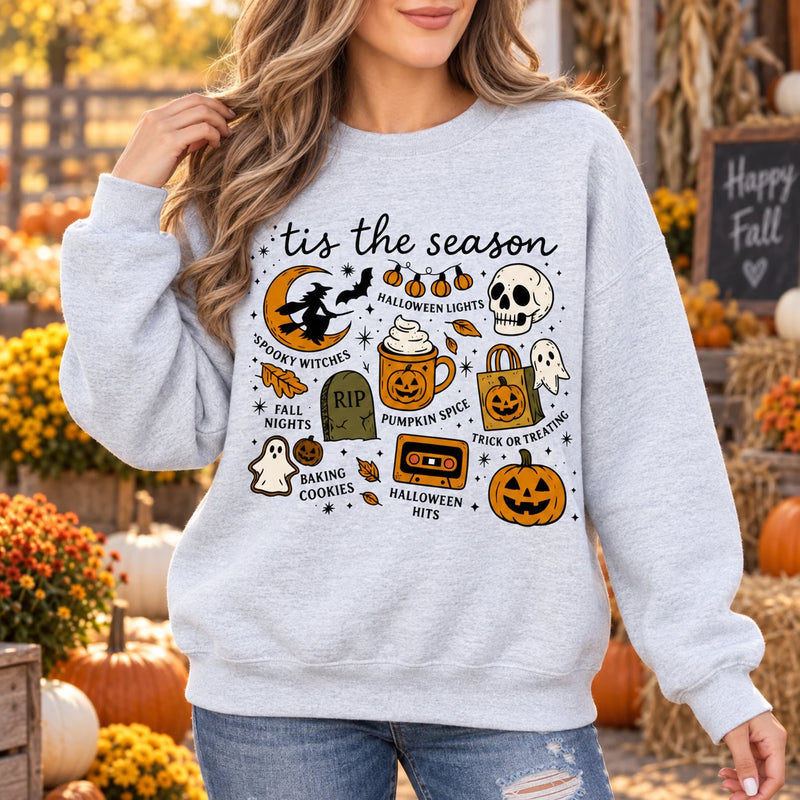Tis The Season Halloween Sweatshirt & T-Shirt Women Retro Spooky Fall Doodle Graphic Casual Outfit