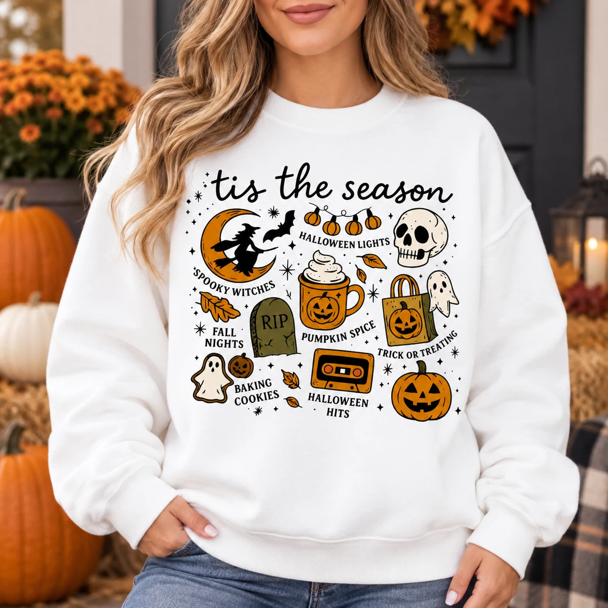 Tis The Season Halloween Sweatshirt & T-Shirt Women Retro Spooky Fall Doodle Graphic Casual Outfit