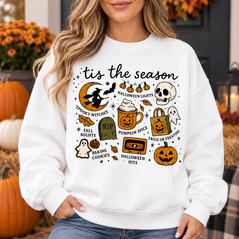 Tis The Season Halloween Sweatshirt & T-Shirt Women Retro Spooky Fall Doodle Graphic Casual Outfit