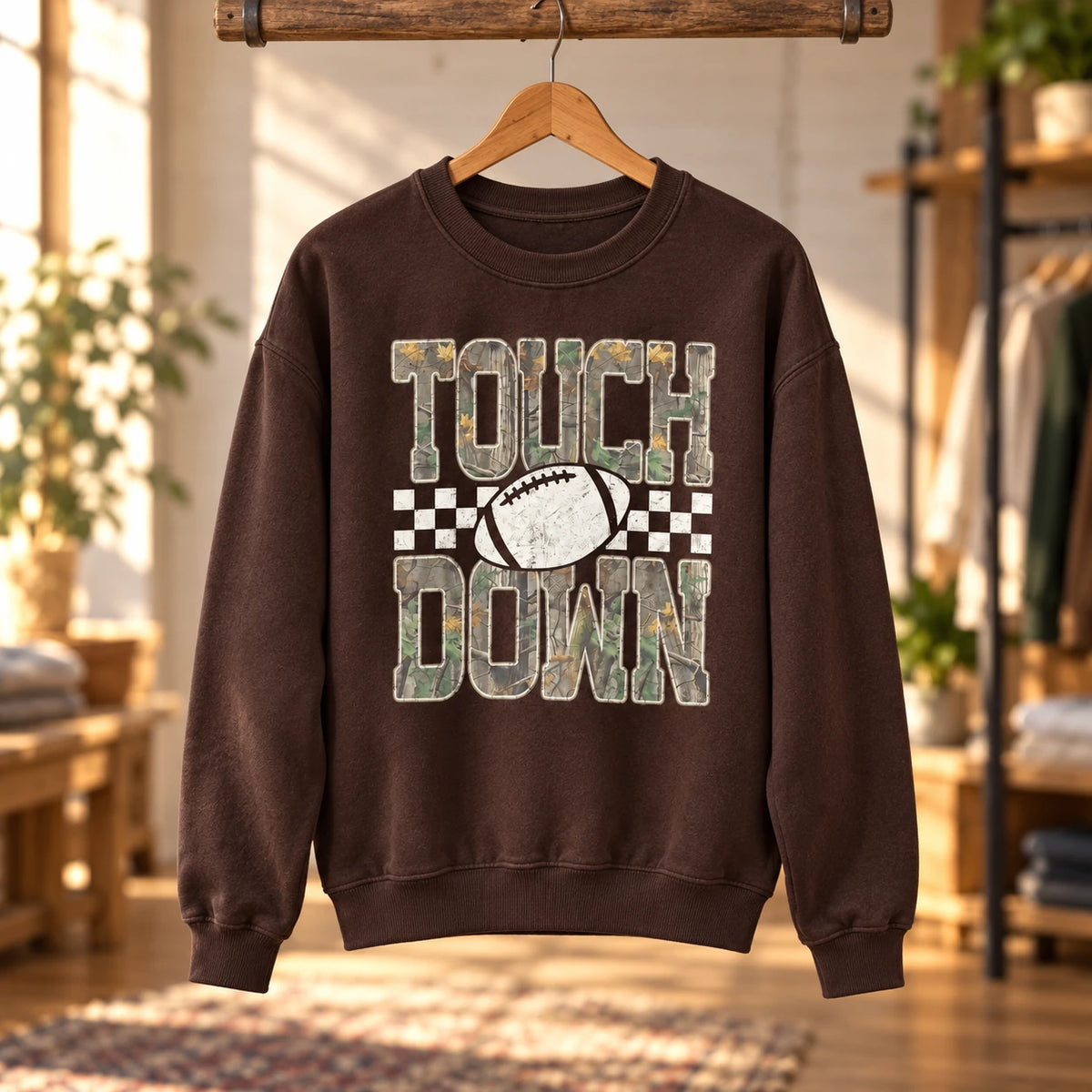 Touch Down Football Game Day Sweatshirt Vintage Camo Checkered Football Season Graphic