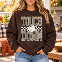 Touch Down Football Game Day Sweatshirt Vintage Camo Checkered Football Season Graphic