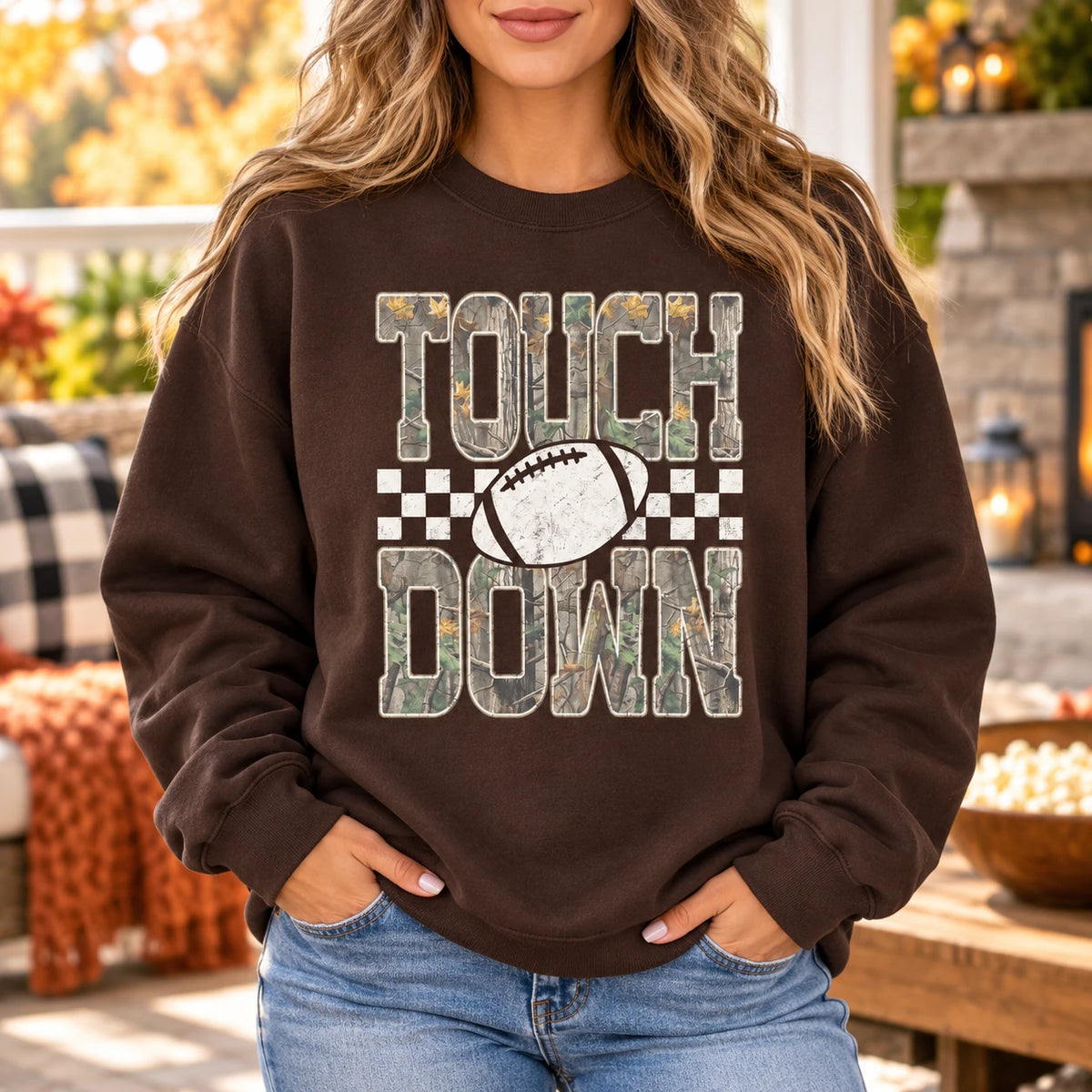 Touch Down Football Game Day Sweatshirt Vintage Camo Checkered Football Season Graphic