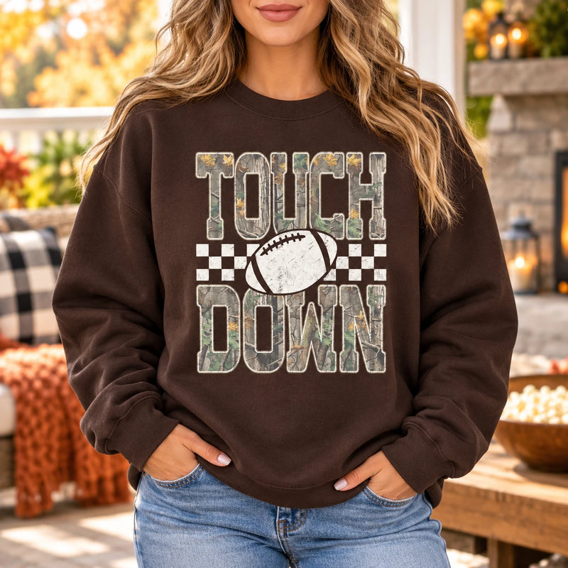 Touch Down Football Game Day Sweatshirt Vintage Camo Checkered Football Season Graphic