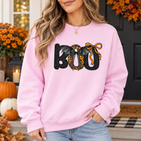 Trendy Boo Bat Bow Graphic T-Shirt and Sweatshirt, Coquette Leopard Print Halloween Spooky Season Shirt for Women