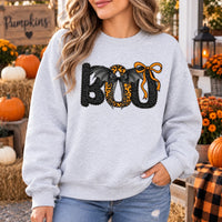 Trendy Boo Bat Bow Graphic T-Shirt and Sweatshirt, Coquette Leopard Print Halloween Spooky Season Shirt for Women