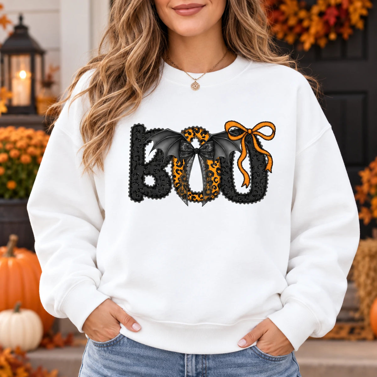 Trendy Boo Bat Bow Graphic T-Shirt and Sweatshirt, Coquette Leopard Print Halloween Spooky Season Shirt for Women