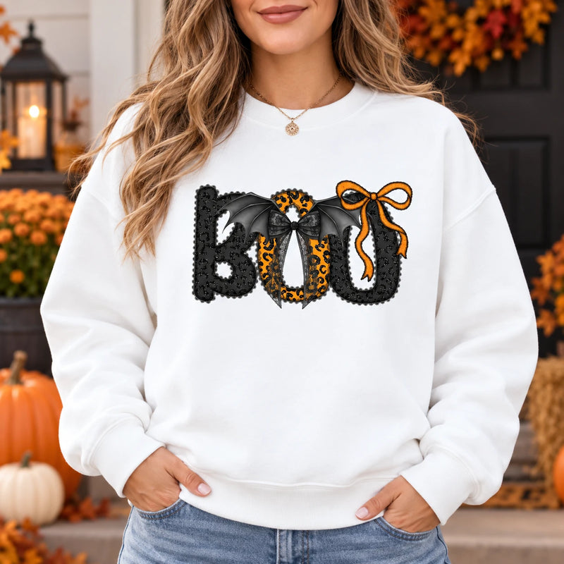 Trendy Boo Bat Bow Graphic T-Shirt and Sweatshirt, Coquette Leopard Print Halloween Spooky Season Shirt for Women