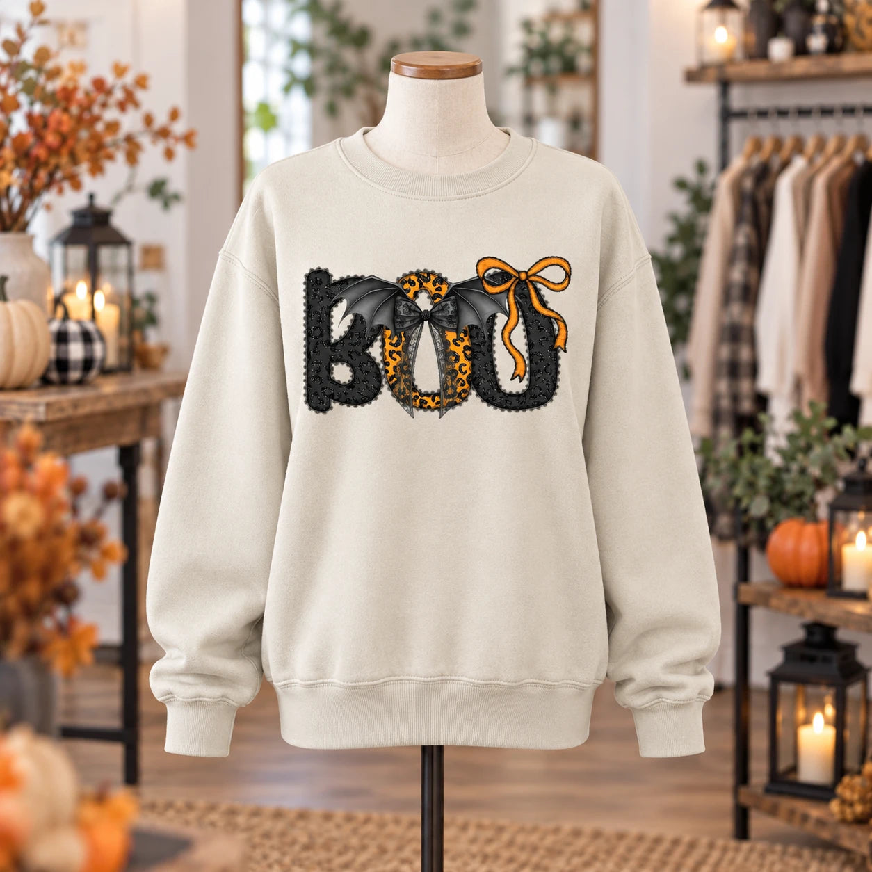 Trendy Boo Bat Bow Graphic T-Shirt and Sweatshirt, Coquette Leopard Print Halloween Spooky Season Shirt for Women