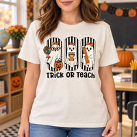 Trick Or Teach Halloween Teacher Shirt Cute Ghost Educator Graphic Tee Spooky Classroom Staff Outfit