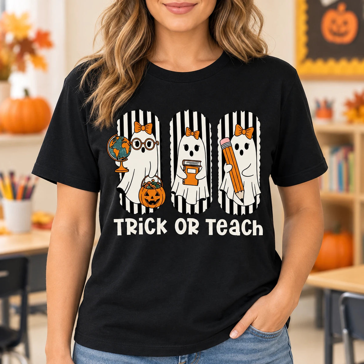 Trick Or Teach Halloween Teacher Shirt Cute Ghost Educator Graphic Tee Spooky Classroom Staff Outfit