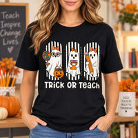 Trick Or Teach Halloween Teacher Shirt Cute Ghost Educator Graphic Tee Spooky Classroom Staff Outfit