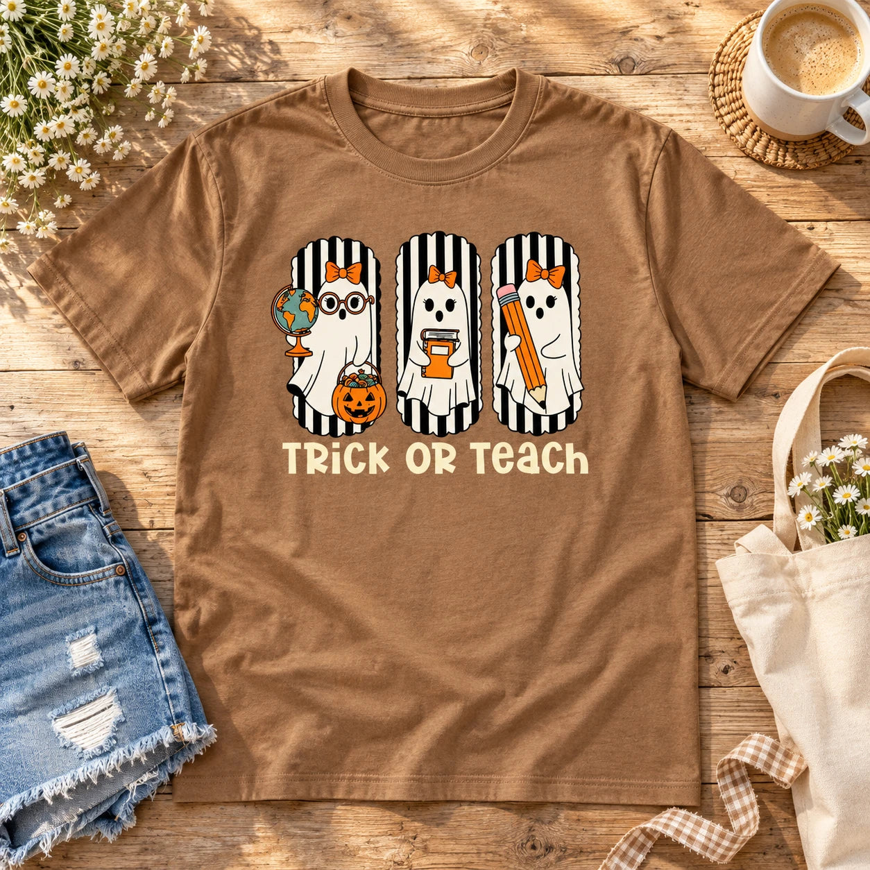 Trick Or Teach Halloween Teacher Shirt Cute Ghost Educator Graphic Tee Spooky Classroom Staff Outfit
