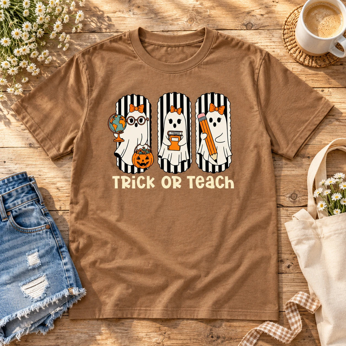 Trick Or Teach Halloween Teacher Shirt Cute Ghost Educator Graphic Tee Spooky Classroom Staff Outfit