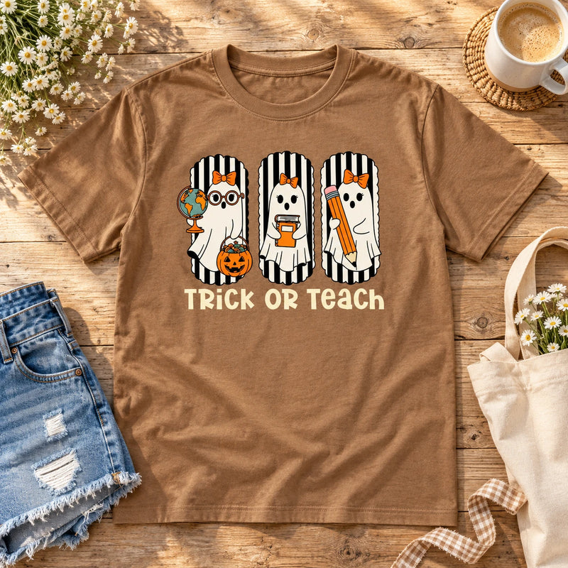 Trick Or Teach Halloween Teacher Shirt Cute Ghost Educator Graphic Tee Spooky Classroom Staff Outfit