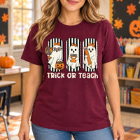 Trick Or Teach Halloween Teacher Shirt Cute Ghost Educator Graphic Tee Spooky Classroom Staff Outfit
