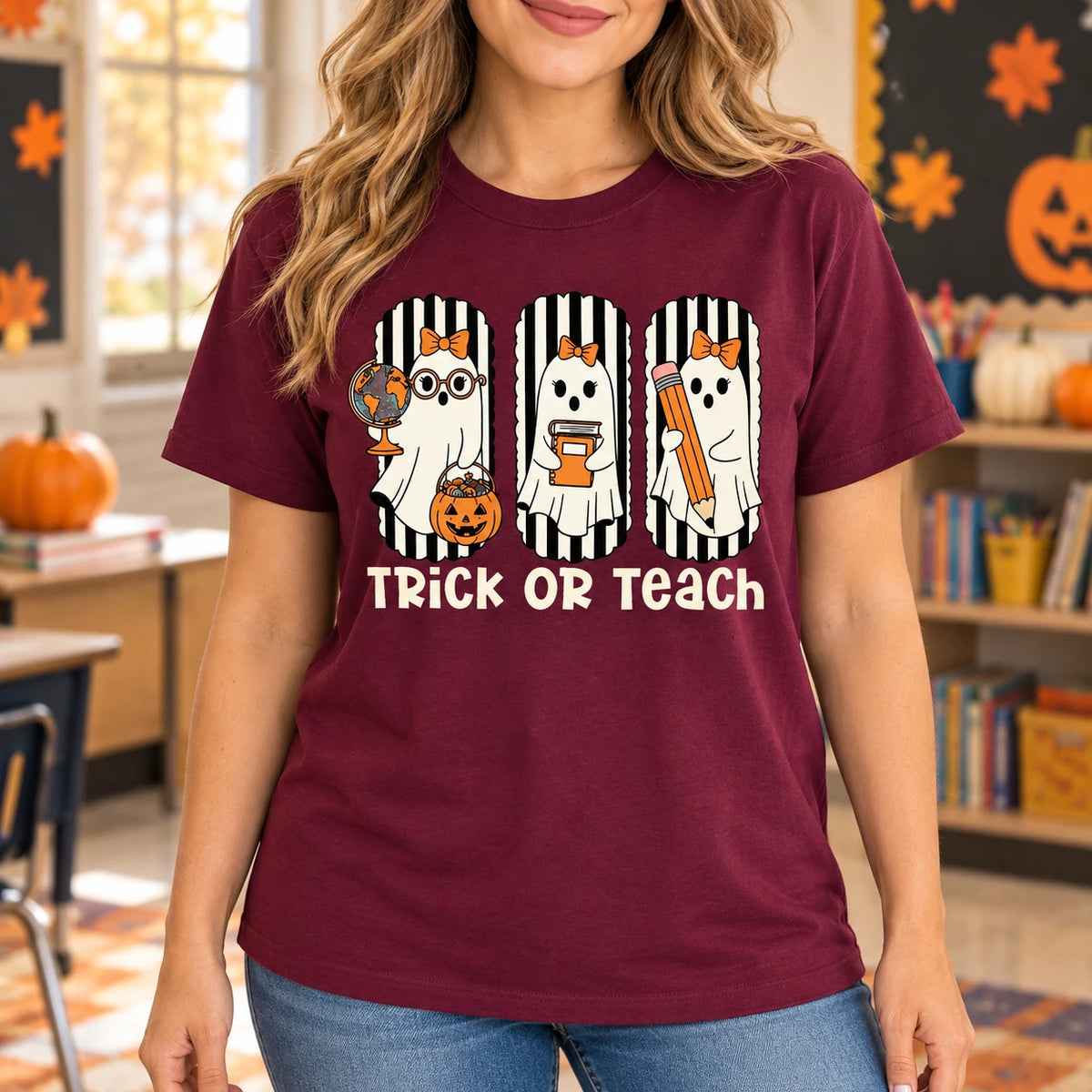Trick Or Teach Halloween Teacher Shirt Cute Ghost Educator Graphic Tee Spooky Classroom Staff Outfit