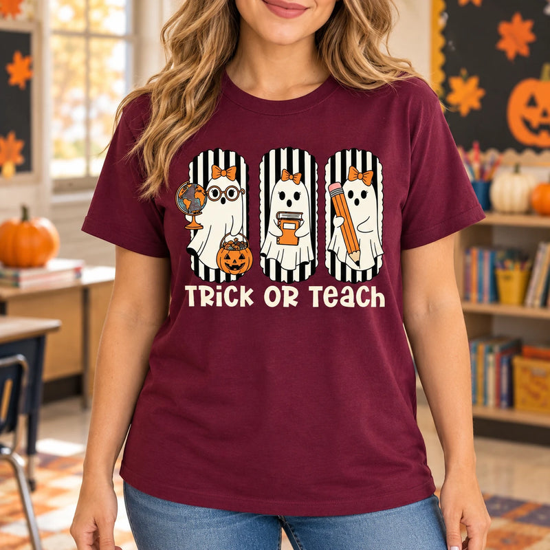 Trick Or Teach Halloween Teacher Shirt Cute Ghost Educator Graphic Tee Spooky Classroom Staff Outfit