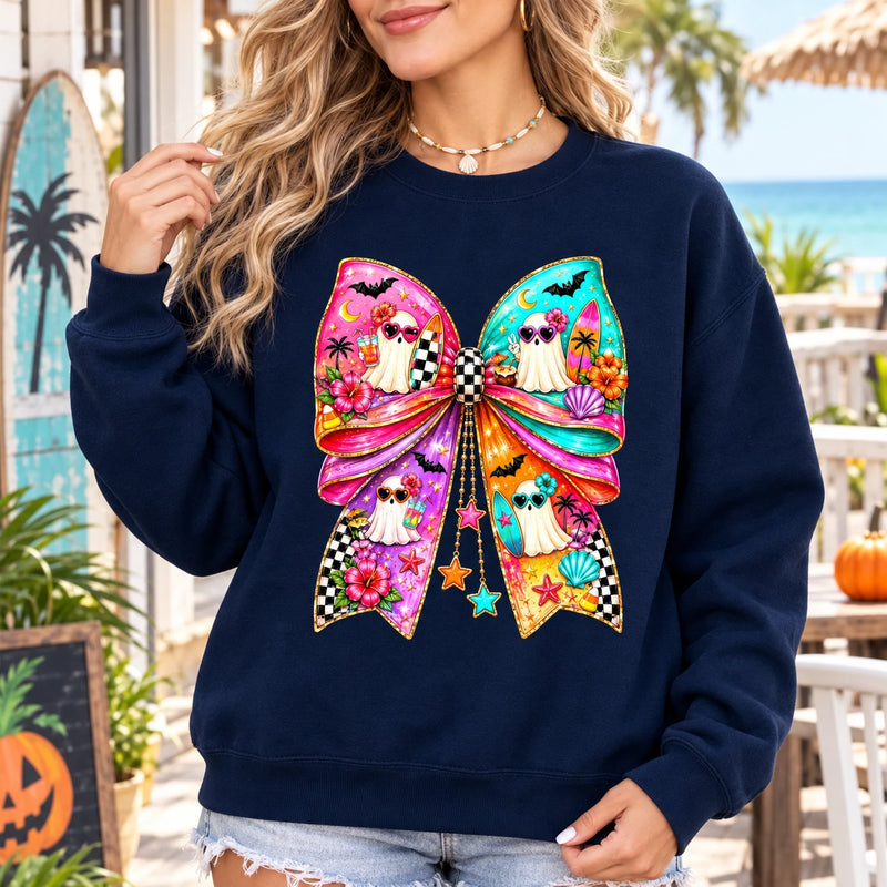Tropical Beach Ghost Bow Summerween Graphic Sweatshirt & T-Shirt Retro Spooky Vacation Top