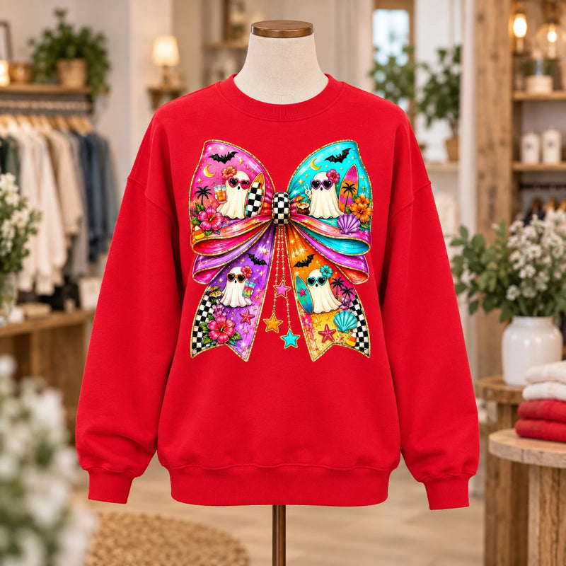 Tropical Beach Ghost Bow Summerween Graphic Sweatshirt & T-Shirt Retro Spooky Vacation Top