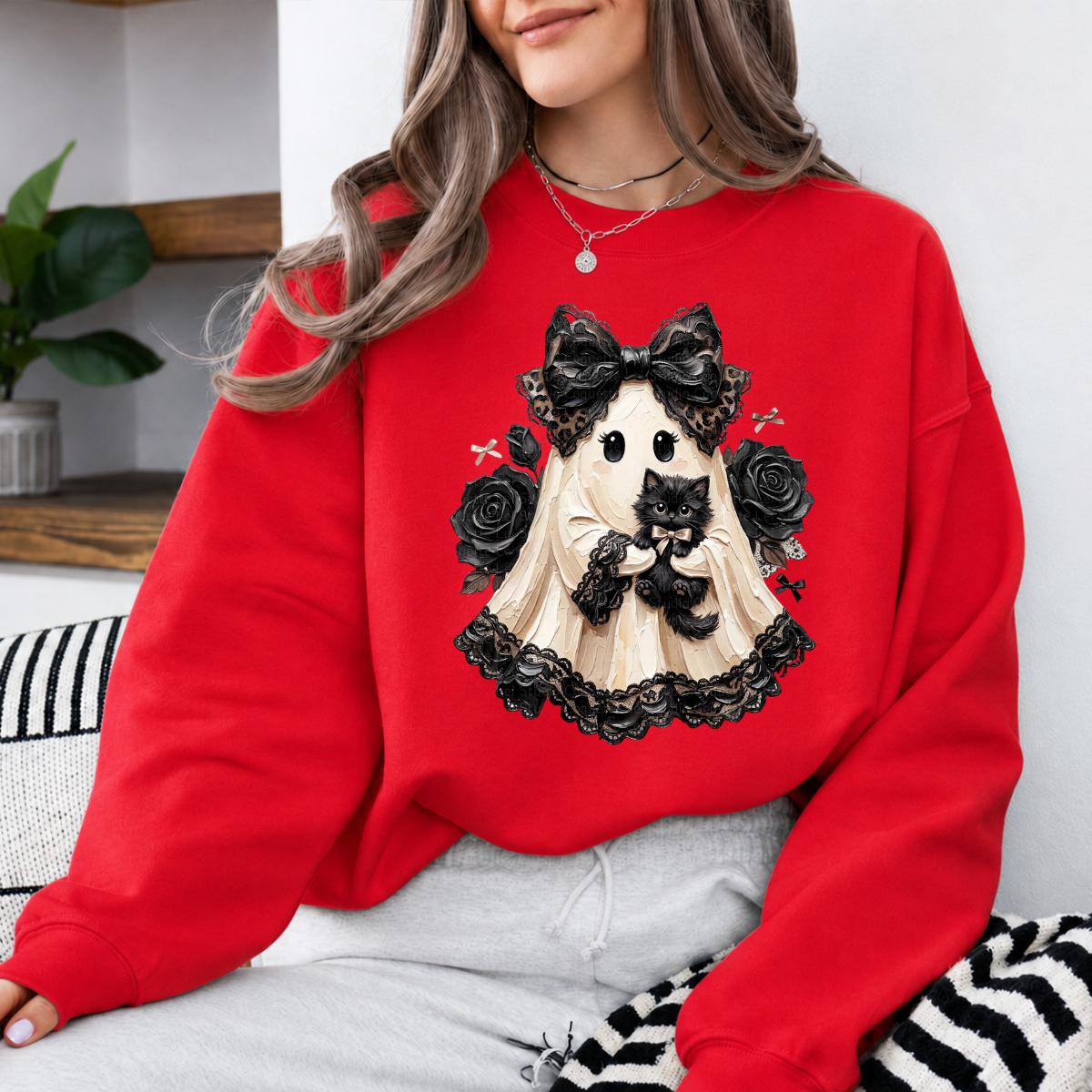 Vintage Black Cat Ghost Halloween Sweatshirt, Cute Spooky Ghost Kitty Graphic Crewneck, Gothic Leopard Bow Design, Funny Halloween Gift for Cat Lovers, Cozy Fall Pullover, Witchy Aesthetic Apparel