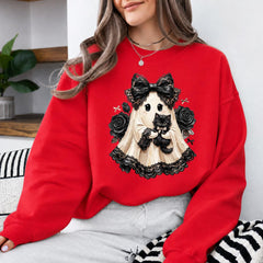 Vintage Black Cat Ghost Halloween Sweatshirt, Cute Spooky Ghost Kitty Graphic Crewneck, Gothic Leopard Bow Design, Funny Halloween Gift for Cat Lovers, Cozy Fall Pullover, Witchy Aesthetic Apparel